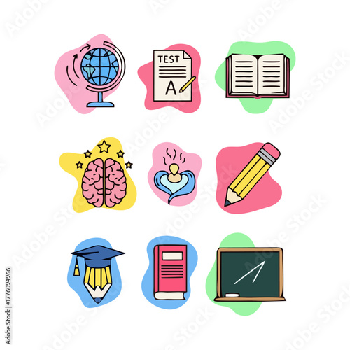 Education icons: globe, test, book, brain, student, pencil, graduation cap, blackboard.