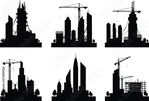 Urban construction silhouette vector, high-rise buildings, cranes and scaffolding, infrastructure development, modern architecture, city growth, building site, engineering concept
