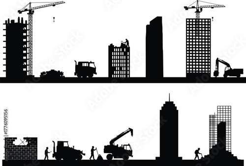 Urban construction stages, silhouette workers, heavy machinery, high-rise development, infrastructure progress, black and white vector, city building process, architectural evolution