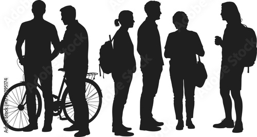 Urban people silhouette, casual interaction vector, black illustration of standing figures, bicycle and backpack scene, social gathering concept, outdoor lifestyle design