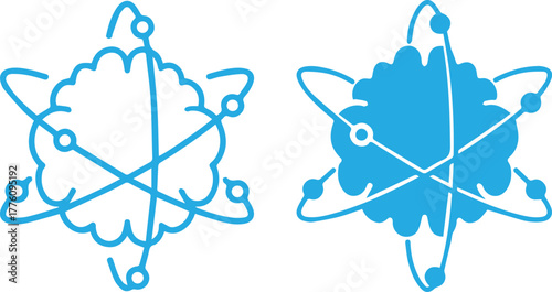 Set of atom icons. Atom icon with orbiting electrons in a simplified structure.