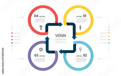 Venn diagram business infographic square circle arrow chart template 4 steps options, presentation with venn diagram elements vector illustration.