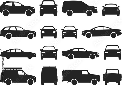Vehicle silhouette vector collection, black car icons, sedan, SUV, van, hatchback, sports car, front side rear views, transportation design elements