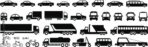 Vehicle silhouette icons, car truck van bus motorcycle bicycle vector set, black transport collection, commercial industrial personal vehicles, graphic illustration