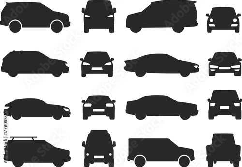 Vehicle silhouette vector collection, black car icons, sedan, SUV, van, hatchback, front side rear views, transportation design, automotive profile illustration