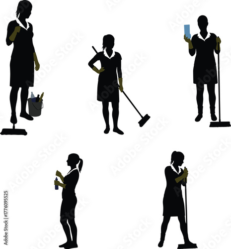 Silhouette people cleaning, janitorial work, housekeeping tasks, mop and spray, hygiene maintenance, sanitation, domestic chores, cleaning tools, workplace safety, lifestyle concept