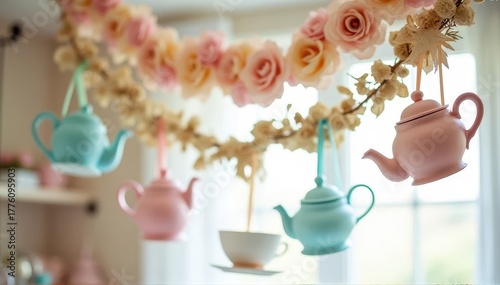 Pastel teapots and a teacup suspended from a floral garland with roses, creating a whimsical tea-party decor in soft daylight.