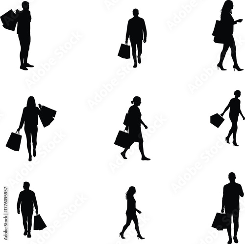 Silhouette people shopping, carrying bags, retail lifestyle, consumer behavior, fashion silhouettes, urban lifestyle, mall shoppers, commerce, marketing, retail concept