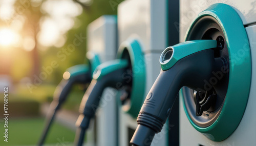 Close-up of electric vehicle charging plugs connected to outdoor charging stations, showcasing EV infrastructure and sustainable mobility.