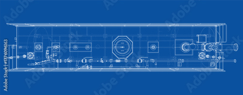 Technical Blueprint on Blue Background. Vector