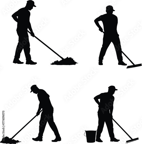 Silhouette people raking leaves, outdoor yard work, gardening maintenance, community teamwork, landscaping tools, environment care, rural chores, 