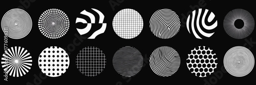 Collection of 16 black and white abstract circular graphic elements with optical patterns vector illustration