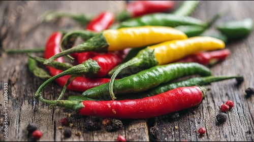 Vibrant Fresh Chili Peppers in Red Green Yellow Arranged on Rustic Wooden Background for Culinary and Spicy Dishes in Food Photography