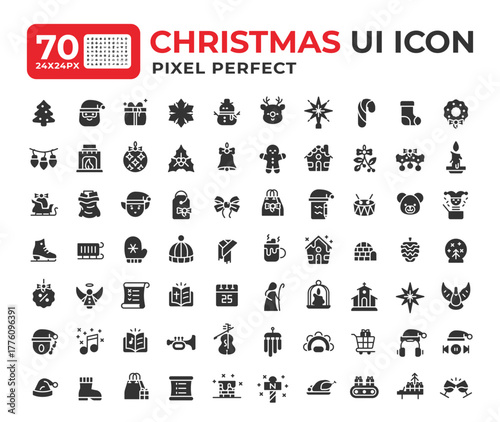 Christmas glyph ui icons set. Happy New Year. Traditional symbols of happy winter holiday. Xmas fun. Black solid symbols vector iconset. User interface flat elements collection, pixel perfect