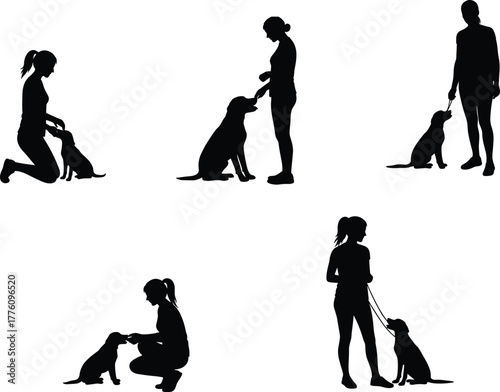 Silhouette people training dogs, pet obedience, leash walking, human animal bond, dog training commands, companionship, pet care, outdoor activity, discipline