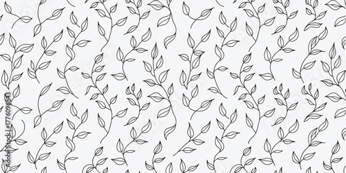 Delicate line art pattern of thin branches with leaves on a white background leaf vine