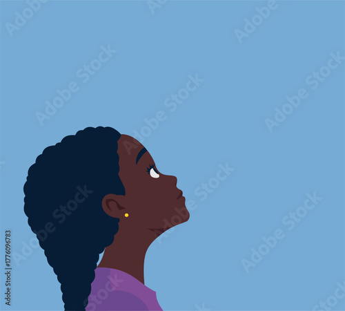 Cartoon young girl with black skin looks up at the clear blue sky