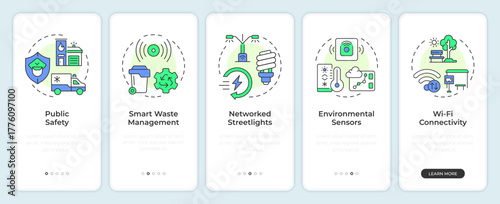 Smart city infrastructure and services onboarding mobile app screen. Walkthrough 5 steps editable graphic instructions with linear concepts. UI, UX, GUI. Montserrat SemiBold, Regular fonts used