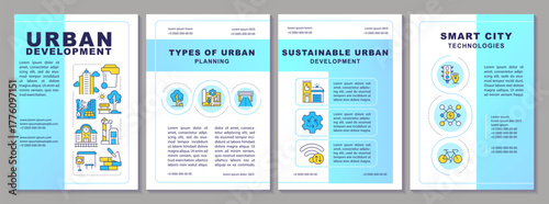 Urban development blue brochure layout. Types, sustainability and smart city strategy. Leaflet advertising design with color line icons. Editable 4 pages. Arial, Myriad Pro-Regular fonts used