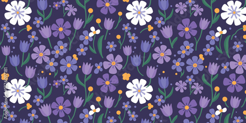 Seamless floral pattern with purple and white flowers and green stems on dark blue background bloom