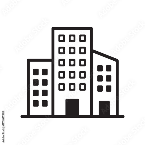 A professional black line art icon of an office building complex ,this image was created using generative AI technology."
