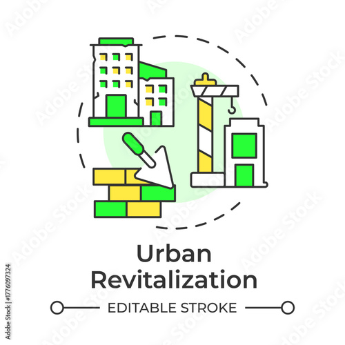 Urban revitalization multi color concept icon. Renewing and improving neglected urban areas. City planning type. Round shape line illustration. Abstract idea. Graphic design. Easy to use in booklet
