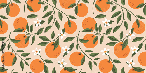 Seamless pattern of ripe oranges on branches with green leaves and white blossoms fruit citrus