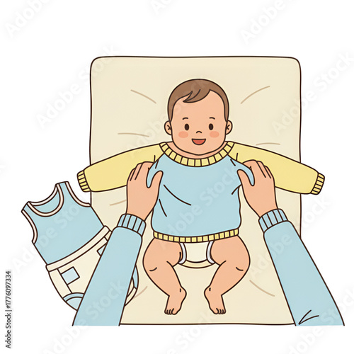 Top view of changing baby's clothes into warm clothes. Isolated on a white background.