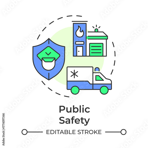 Public safety multi color concept icon. Protection of people and property. Smart city infrastructure and services. Round shape line illustration. Abstract idea. Graphic design. Easy to use in booklet