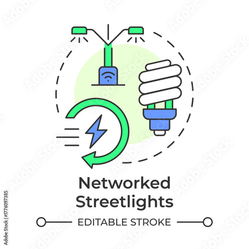 Networked streetlights multi color concept icon. Energy efficient lighting. Smart city infrastructure and services. Round shape line illustration. Abstract idea. Graphic design. Easy to use in booklet