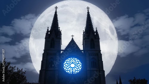 Gothic Cathedral Under Full Moon | Mystical Blue Rose Window and Night Sky Fantasy

Moonlit Gothic Spires | Dark Cathedral Silhouette with Glowing Sapphire Window