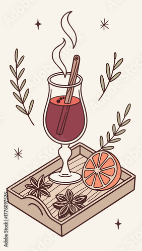 Mulled wine glass with citrus and cloves — elegant winter beverage flat vector illustration for festive use.