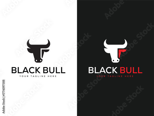Black bull head logo graphic with text on white and black backgrounds vector