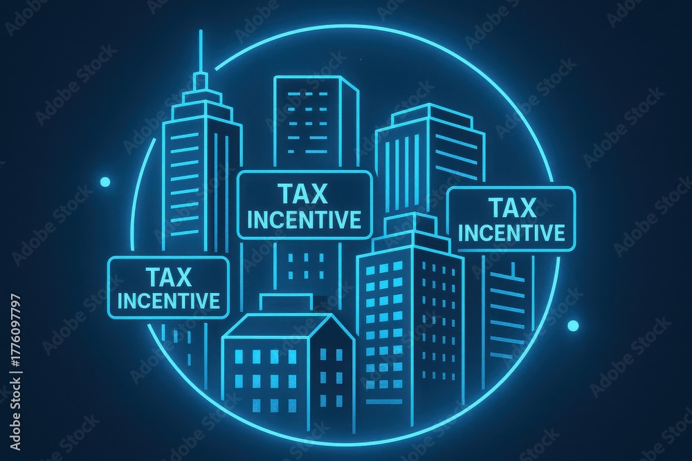 Fototapeta premium Neon Urban Skyline Illustration Featuring Tax Incentive Concept in Futuristic Design