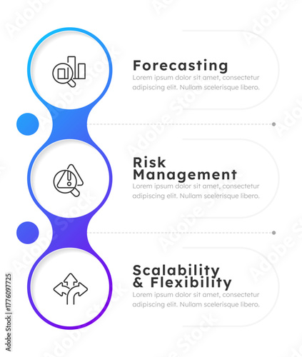 Market trends analyzing infographic circles blue gradient. Predicting potential commercial problems. Editable thin line icons diagram process with 3 steps. Montserrat-SemiBold, Regular fonts used