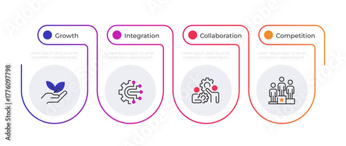 Business teambuilding infographic gradient line circles. Development of every coworker. Success strategy. Editable thin line icons diagram process with 4 steps. Montserrat-SemiBold, Regular fonts used