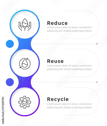 Water sources management infographic blue gradient vertical circles. Wastewater treatment technology. Editable thin line icons diagram process with 3 steps. Montserrat-SemiBold, Regular fonts used