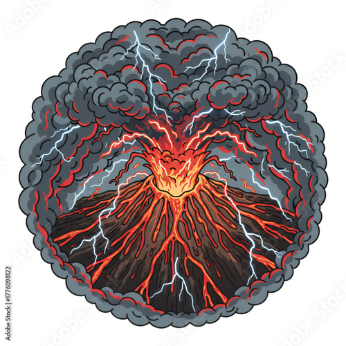 Top view Illustration of an erupting volcano. with a white background