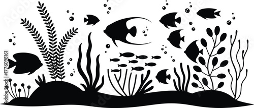 Underwater fish and seaweed silhouette scene vector illustration, tropical marine life with bubbles and coral plants, ocean nature wildlife design background art