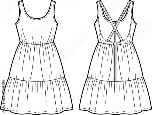 Sleeveless tiered dress, scoop neckline, crisscross strap back, zipper closure, women’s fashion flat, garment construction, sewing pattern, apparel design, technical illustration
