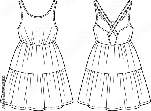Sleeveless tiered summer dress, scoop neckline, crisscross back straps, casual women’s fashion, technical garment flat illustration, apparel design, sewing pattern