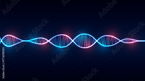 Abstract Digital Network Background with Glowing DNA and Hexagon Structure.
