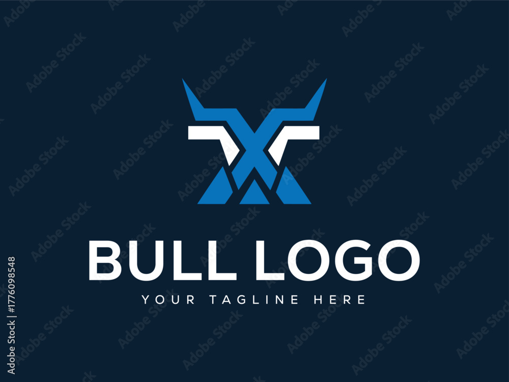 Fototapeta premium Blue and white abstract bull head logo with text on dark blue background animal