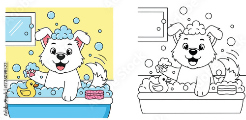 Happy white puppy enjoying a bubble bath with a rubber duck and sponge, making a joyful splash – perfect for a children's coloring book illustration.