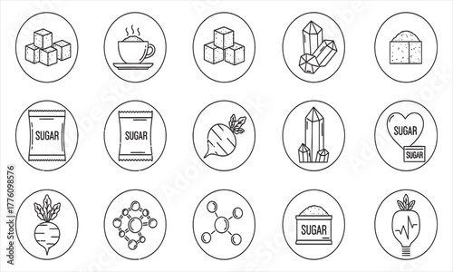 A comprehensive set of sugar and sweetener icons, featuring beet, crystals, and cubes in a clean line art vector style