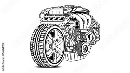 Innovative Car Engine Concept with Tire, Black and White Illustration