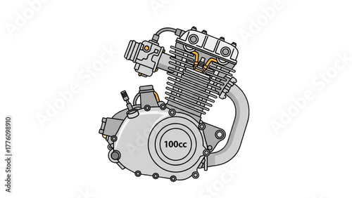 Detailed line art illustration of a 500cc single-cylinder motorcycle engine, showcasing its mechanical components and cooling fins, ideal for technical diagrams or automotive concepts