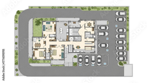 Top-down view of a furnished residential property layout and design concept with the parking lot