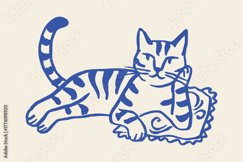 Tabby cat on pillow, naive sketch vector illustration