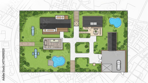 Aerial View of a Modern Residential Property with Lush Greenery and Outdoor Amenities